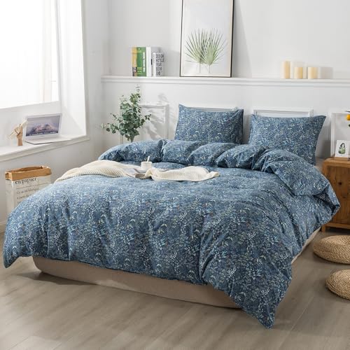 HoneiLife Duvet Cover Sets Twin - 100% Cotton Floral Comforter Cover, 2-PCS Breathable Bedding Set with Zipper Closure & Corner Ties, Wildflower Duvet Cover for All Season Use,Blueblack, King HoneiLife