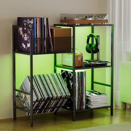 Record Player Stand with LED Light, Turntable Stand with Vinyl Storage - Up to 300+ Albums, 3-Tier Record Player Table Cabinet, Adjustable Shelf & V-Shaped Holder, Vinyl Display Shelf for Living Room Nidouillet