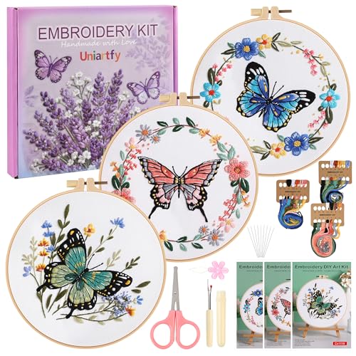 3 Sets Butterfly Flower Embroidery Kit for Beginners, Cross Stitch Practice Kits for Craft Lover with Pre-Stamped Patterns, 7.8-Inch Hoop, Threads, Needles, Step-by-Step Guide & Video, Needlepoint Kit