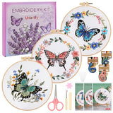 3 Sets Butterfly Flower Embroidery Kit for Beginners, Cross Stitch Practice Kits for Craft Lover with Pre-Stamped Patterns, 7.8-Inch Hoop, Threads, Needles, Step-by-Step Guide & Video, Needlepoint Kit