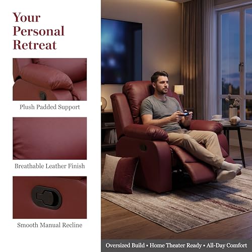 Trygoal Single Leather Manual Recliner Chair, Oversized Lazy Boy Recliner with Home Theater Seating, Breathable Living Room Reclining Chair for Adults Reading, Gaming, Relax, Red