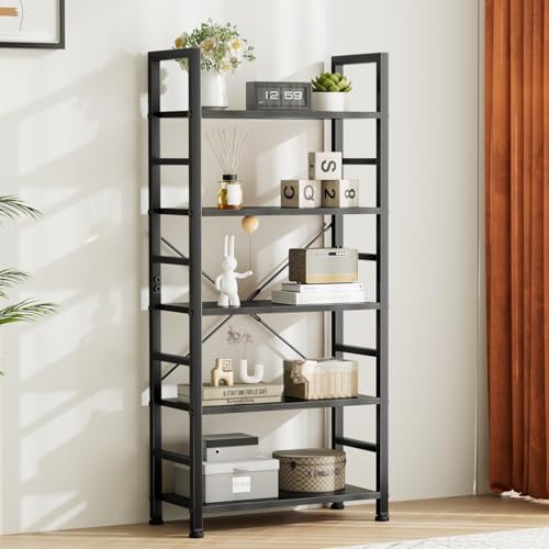Sweetcrispy Book Shelf, 5 Tier Bookcase, Tall Bookshelf Modern Book Case for Books, Garage Kit, CDs, Movies, Black Industrial Corner Storage Organizer for Bedroom Home Office Kitchen Living Room Sweetcrispy