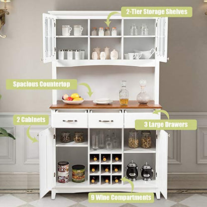 Giantex Buffet Hutch Cabinet, Kitchen Hutch Sideboard, Buffet Cabinet on Storage Island, Wood Kitchenware Server with 3 Large Drawers and 9 Wine Bottle Modules (White) - WoodArtSupply