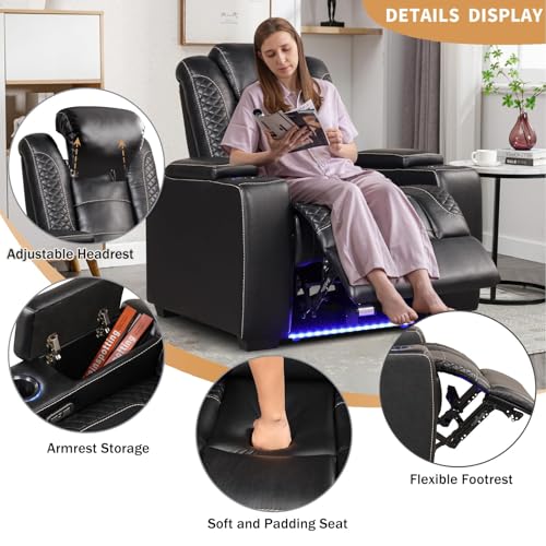 ANJ Power Home Theater Seating Recliner Chairs, PU Leather Recliner with Cup Holders, Electric Movie Theater Reclining Chairs with Adjustable Powered Headrest, LED Lights, Hidden Arm Storage (Black)