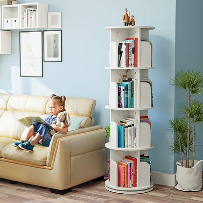 4-Tier Rotating Bookshelf Organizer by EasyCom - Space-Saving Floor Standing Bookcase in White - WoodArtSupply