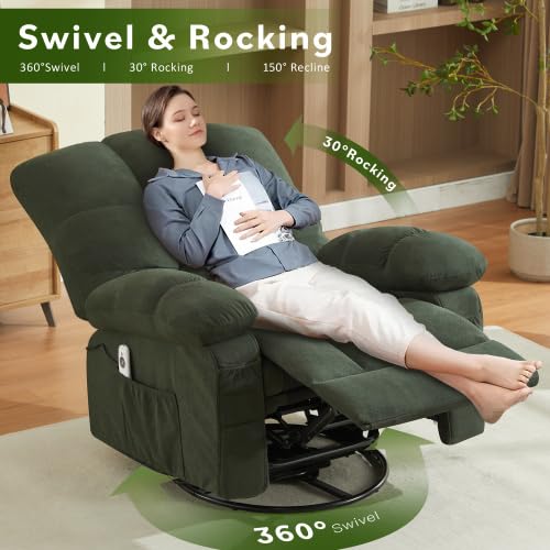 Oversized Recliner Chair for Adults w/ 8-Point 3D Kneading Massage and Lumbar Heating, Swivel Rocker Recliner w/USB Charge Port for Living Room, Ergonomic Lazy Boy Single Sofa Chair (Green)