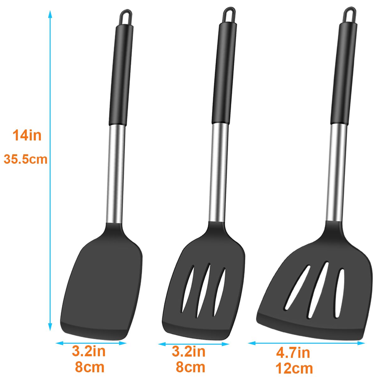 KLAQQED 3Pcs Spatula Silicone Spatula Turner Set Fish Spatulas Silicone Heat Resistant Spatulas for Nonstick Cookware Rubber Wok Spatula, Long Large Spatula Silicone Cooking Use Kitchen Utensils Set KLAQQED