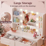 Furmax Vanity Desk with Mirror and LED Light Bulb, Small Makeup Vanity Table with Drawers, Dressing Table with Power Outlet and Hair Drayer Holder for Bedroom (White & Gold) Furmax