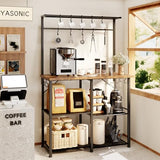 YASONIC Coffee Bar, Bakers Rack with Storage, 34.3 Inches Microwave Stand, 4 Tier Kitchen Shelves Appliance Storage, 14 S Hooks Large Coffee Station for Spices, Pots and Pans, Rustic Brown