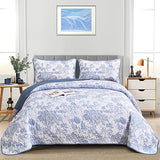 WONGS BEDDING Blue Quilt Set Queen Size, 3 Pieces Botanical Bedspreads Set Lightweight Microfiber Blue Toile Plants Pattern Coverlet Home Decor for All Seasons(96"×90") WONGS BEDDING
