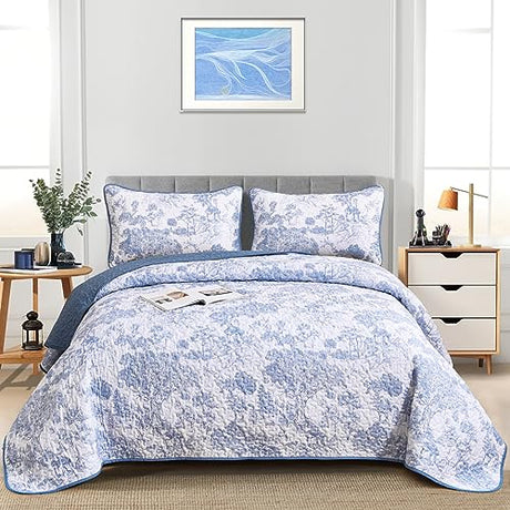 WONGS BEDDING Blue Quilt Set Queen Size, 3 Pieces Botanical Bedspreads Set Lightweight Microfiber Blue Toile Plants Pattern Coverlet Home Decor for All Seasons(96"×90") WONGS BEDDING