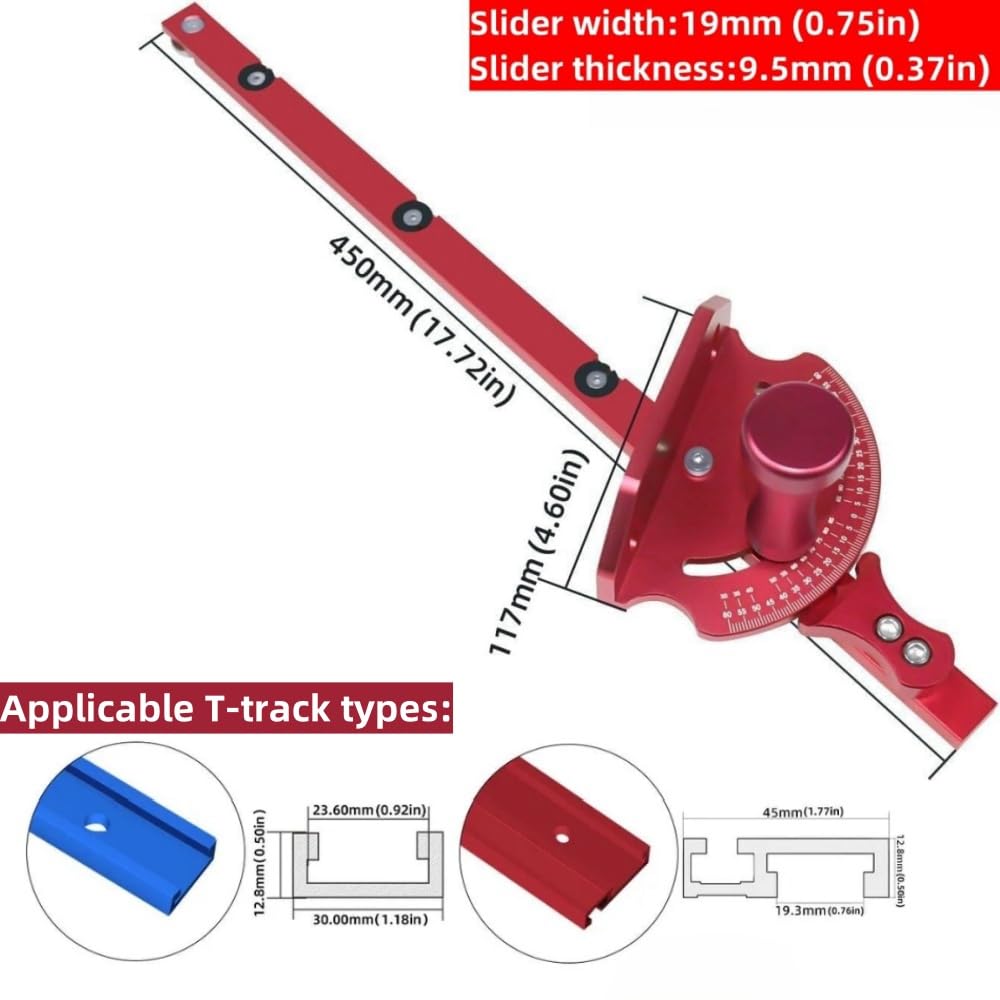 Universal Table Saw Miter Gauge with Fixed Angle Gear Shifting Hole, High Accuracy Miter Saw Protractor Aluminium Push Handle T Track Angle Ruler WoodArtSupply