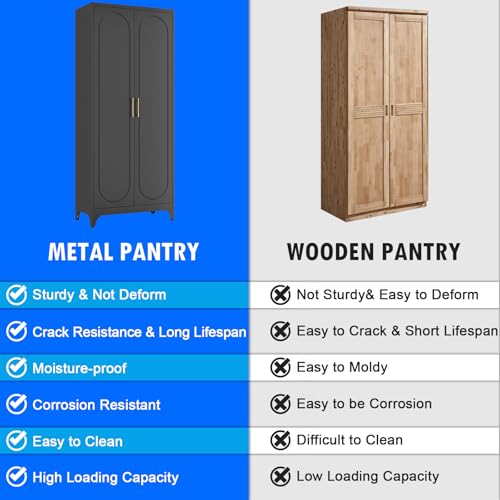 Polup Pantry Cabinet, 75 Inch Tall Kitchen Storage Cabinet, Metal Pantry Cabinets with Doors and Adjustable Shelves, Black Freestanding Food Cupboard for Living, Dinning Room-Assembly Required Polup