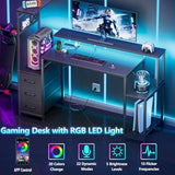 Korfile 48 Inch Gaming Desk with LED Lights & Power Outlets,Computer Desk with Fabric Drawers & Side Hook,Reversible Gamer Table with Monitor Stand for Game Room,Home Office,Carbon Fiber Black Korfile