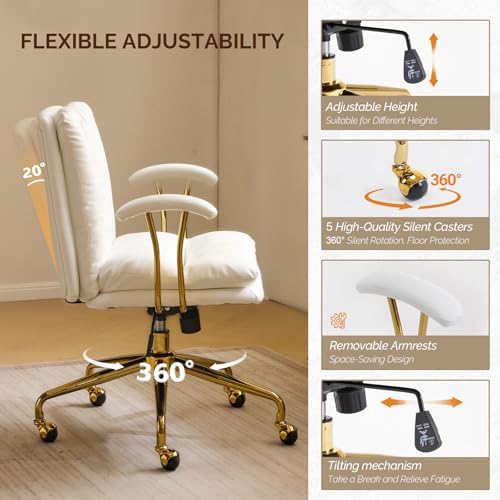 VINGLI Home Office Desk Chair Comfy with Wheels & Removable Armrests,Gold Base Vanity Chair with Back, Adjustable Rolling Swivel Computer Task Chair for Study,Makeup,Office,Bedroom,PU Leather,White VINGLI
