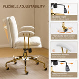 VINGLI Home Office Desk Chair Comfy with Wheels & Removable Armrests,Gold Base Vanity Chair with Back, Adjustable Rolling Swivel Computer Task Chair for Study,Makeup,Office,Bedroom,PU Leather,White VINGLI