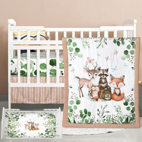 Hahafelt 3 Pcs Baby Crib Bedding Set Safari Animals Dinosaurs Bear Woodland Animals Jungle Crib Set Includes Quilt, Fitted Sheet, Skirt for Baby Boy Girl(Green,Woodland Raccoons Deer Etc.) Hahafelt