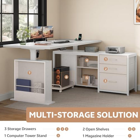 Homiflex 63" L Shaped Standing Desk with 3 Drawers Electric Adjustable Height Desk Corner Standing Desk with Storage Computer Game Desk with Power Outlets Computer Tower Stand for Home Office, White Homiflex