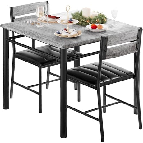 IRONCK Dining Table Set for 2, Small Kitchen Table with Upholstered Chairs for Kitchen & Dining Room, Compact Dining Set for Small Spaces, Gray IRONCK