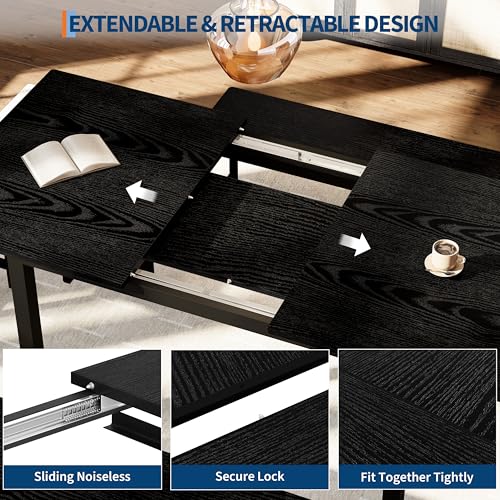 GAOMON Extendable Dining Table Set for 6-8 People, Farmhouse Style Wooden Table with 2 Benches and 2 Stools, Space Saving Kitchen Dining Room Furniture Set, Black GAOMON