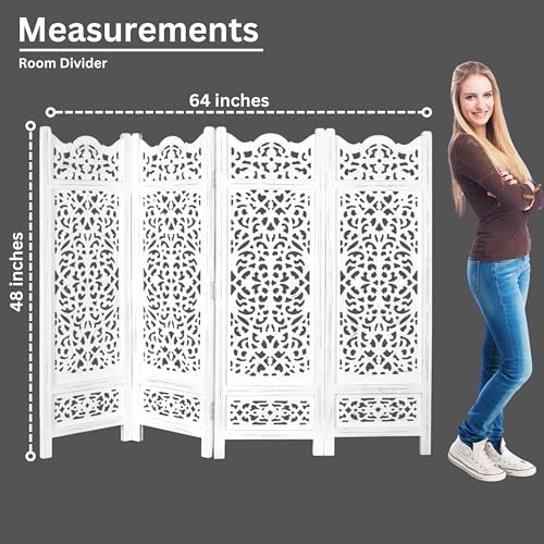 Room Divider Wood Screen Panel – Antique White, 4-Panel Folding 64"x48", Hand-Carved, Reversible Privacy Partition, Decorative & Functional Portable Room Divider for Home or Office The Wooden Town