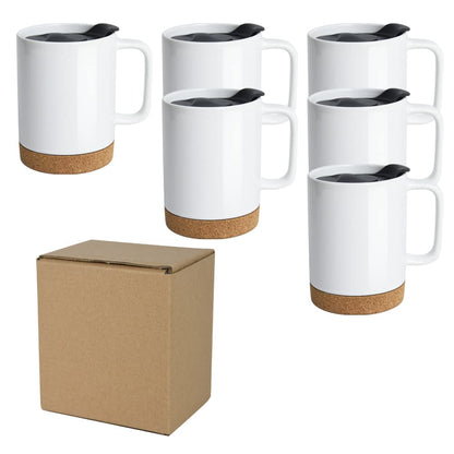 ARTONUSA 14 OZ Sublimation Mugs with Removeable Cork Bottom and Splash Proof Lid, Sublimation Coffee Mugs with Brown Mail Order Box,Case of 6 Pieces