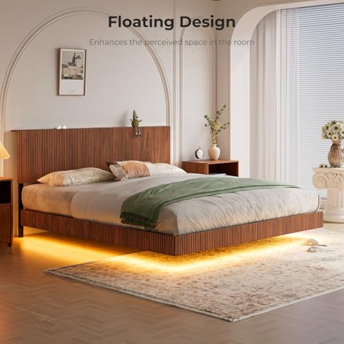 Evermagin Walnut King Floating Bed Frame with Headboard, Mid Century Modern Fluted Platform Bed with LED Lights, Heavy Duty Floating Bedframe with Charging Station, No Box Spring Needed Evermagin