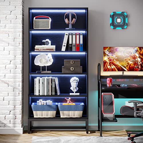 Tribesigns 70.8” Tall Black Bookcase with LED Lights - Heavy Duty 5-Tier Storage Shelf Tribesigns
