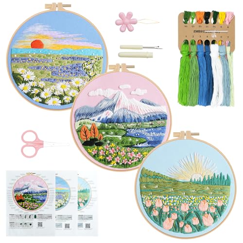 RidaaFri Embroidery Kit for Beginner, Set of 3 Floral Mount Sunshine Pattern DIY Kits for Adults & Starter, Hand Embroidery Practice Set with Step-by-Step Video Tutorial, Includes Hoop, Needles, Floss