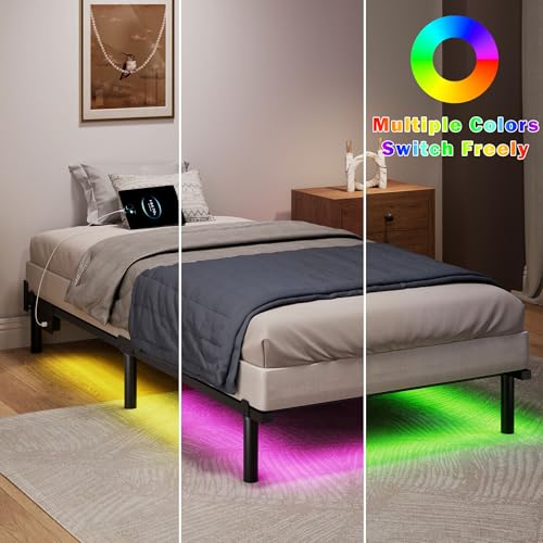 SHOANED Twin Size Bed Frame with LED, 7 Inch Metal Steel Bedframe for Box Spring and Mattress, Heavy Duty Basics Bed Base with Charging Station, Noise Free, Easy Assembly, Black SHOANED