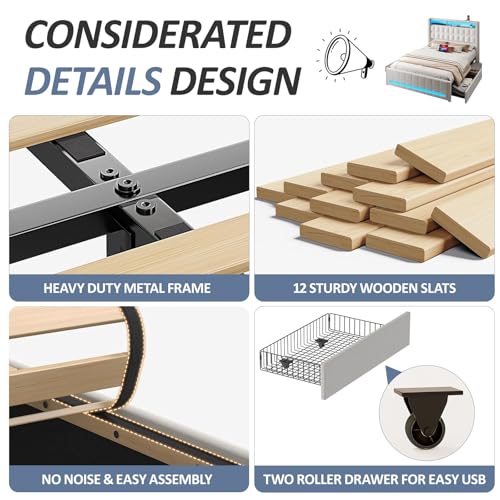 Maupvit Queen Size Bed Frame with 4 Storage Drawers,Upholstered Bed Frame with 2-Tier Storage Headboard,RGB LED Light,Charging Station,No Box Spring Needed,Easy Asse,Beige Maupvit