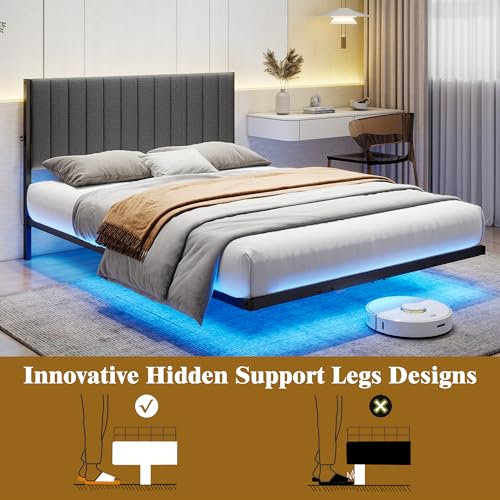 ARFARLY Floating Bed Frame Full Size with LED Lights and Charging Station, Full Size Bed Frame with Upholstered Headboard, Metal Platform Bed Frame Full with Under Bed Storage, No Box Spring Needed ARFARLY