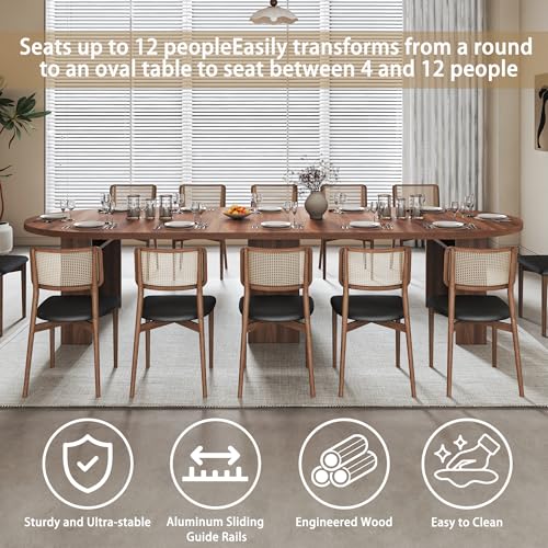 Round Extendable Dining Table for 4-12 People, 47-118 Inch Kitchen Table with Wood Strip Base, Modern Oval Dining Room Table for Kitchen Living Room, Walnut Bvldfamly