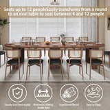 Round Extendable Dining Table for 4-12 People, 47-118 Inch Kitchen Table with Wood Strip Base, Modern Oval Dining Room Table for Kitchen Living Room, Walnut Bvldfamly