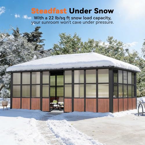 Modern Shade Clario Solarium 12'x20' Sunroom Hardtop Gazebo with TV Mount & Sliding Doors, Galvanized Steel Roof Screen House, Ventilation Design & Wood Grain Finish, All-Weather Aluminum Sun Room
