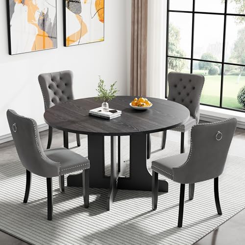 Henf 5 Piece Round Extendable Dining Table Set for 4, 43"-59" Wood Oval Expanding Kitchen Table with 4 Chairs, Space Saving Extendable Dining Room Tables with Pedestal Base (Black & Gray) Henf