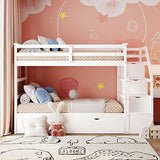 Merax Twin Over Twin Bunk Bed with Trundle, Solid Wood Stairway Bunk Bed Frame with 3 Storage Cabinet Staircase, No Spring Box Required, White Merax