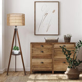 LAMSU Boho Tripod Floor Lamp with Shelves, Mid Century Wood Standing Lamp with Rattan & Fabric Shades, ON/Off Foot Switch, Modern Farmhouse Tall Floor Lamps for Living Room Bedroom Office LAMSU