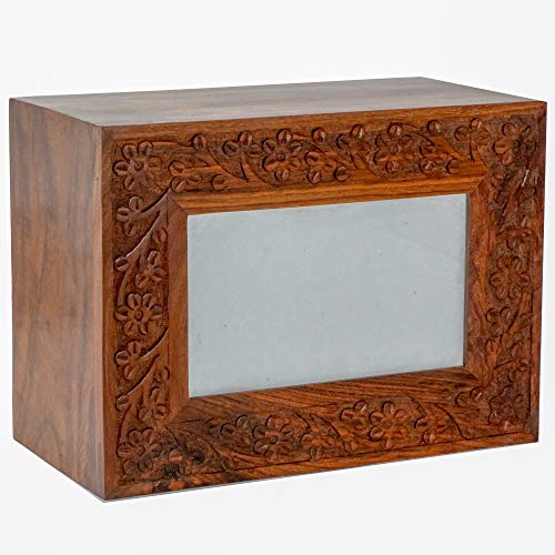 Hind Handicrafts Rosewood Border Engraved Wooden Cremation Urns for Human Ashes Adult - Handcrafted Photo Funeral Memorial Ashes Urn - Columbarium Hind Handicrafts