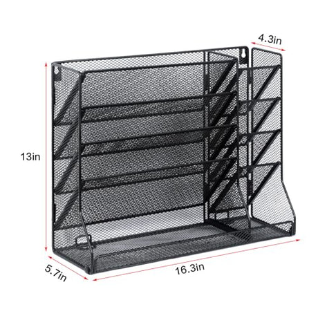 Jakyitvi File Organizer Wall Mounted, 4 Tiers Durable Adjustable Metal Desk Organizer, Desktop Hanging File Holder with 4 Pen Slots Stable, 4 Pull-Out Divider for File, Mail, Black, Patent Pending Jakyitvi