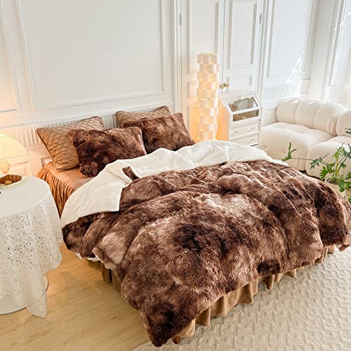 Luxury Faux Fur Shaggy Comforter Set Full/Queen Size, Plush & Sherpa Reversible Comforter Tie Dye Coffee, 3 Pieces Fluffy Fuzzy Bedding Set Ultra Soft and Warm for Winter (1 Comforter + 2 Pillowcases) Flysheep
