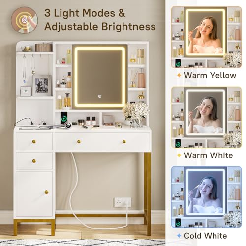 VIAGDO Vanity Desk with Mirror and Lights, Makeup Vanity with Drawers and Charging Station, Vanity Table with Shelves, Cabinet, Hidden Space for Bedroom, White VIAGDO