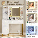 VIAGDO Vanity Desk with Mirror and Lights, Makeup Vanity with Drawers and Charging Station, Vanity Table with Shelves, Cabinet, Hidden Space for Bedroom, White VIAGDO