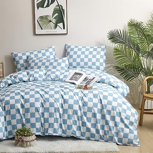 KAREVER Blue White Grid Comforter Set Full Blue Plaid Bedding Set Girls Blue White Checkered Bed Blanket Set Kids Durable Breathable Bedding Comforter Set KAREVER