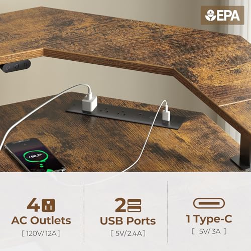 Rolanstar Standing Desk L Shaped with LED Light and Power Outlet, Electric Height Adjustable Computer Office Desk Sit Stand Up with Monitor Stand, Rustic Brown Rolanstar