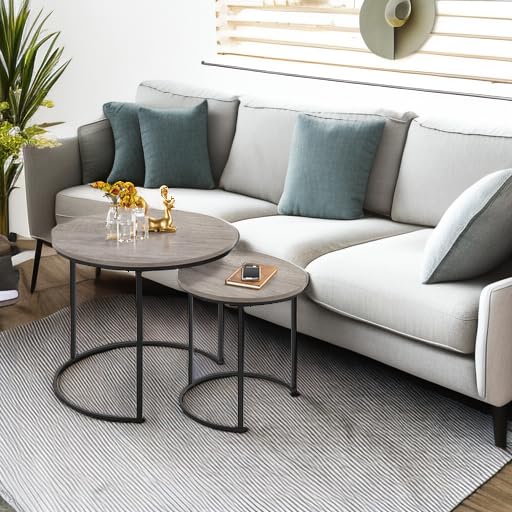 Yaheetech Nesting Coffee Table Set of 2, Nesting Table, Rustic Stacking Side Tables, Nesting End Table Set w/Round Wooden Tabletop and Sturdy Metal Base for Living Room,Small Space, Gray Yaheetech