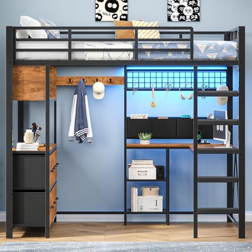 MSmask Full Size Loft Bed with 7 Storage Drawers, Large 2-Cube Bookshelf, L Desk & Charging Station, Metal Loft Bed with LED Lights & Open Shelf, Bed with Safety Guardrail & Ladders, Rustic Brown MSmask