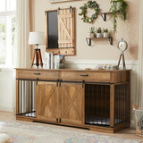 72.5" XXL Wooden Dog Crate Furniture for 2 Large Breeds, Extra Large Double Dog Kennel with Divider, Drawers & Barn Door, Water Resistant Furniture-Style Dog Cage, Rustic Oak EDYO LIVING
