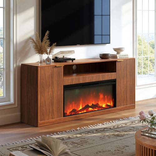 Evermagin 67" Walnut Fluted Fireplace TV Stand for TVs up tp 75", Mid-Century Modern Entertainment Center with Storage Cabinets and Doors, Wood Media TV Consoles for Living Room and Bedroom Furniture Evermagin