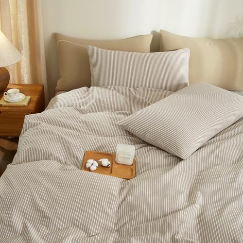 MWL Toy Striped Duvet Cover Set Full Size 3 Pcs Breathable Durable 100% Washed Cotton Comforter Cover for All Seasons Chic Linen Like Textured Bedding Set (Light Brown White Pinstripes, Full) MWL Toy